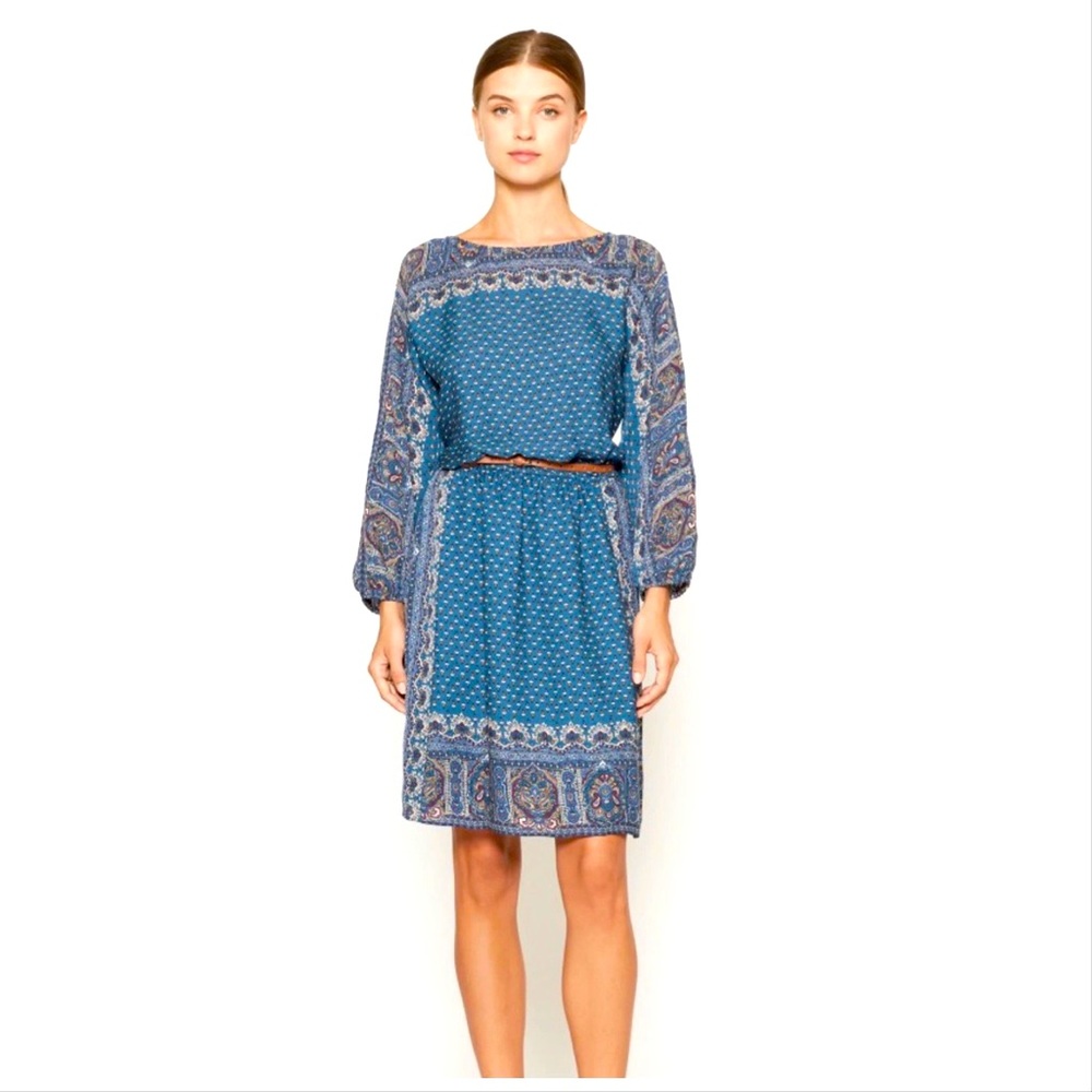 New Joie Silk Paisley Long Sleeve Boho Paisley Bandana Print Dress Peacock Teal
